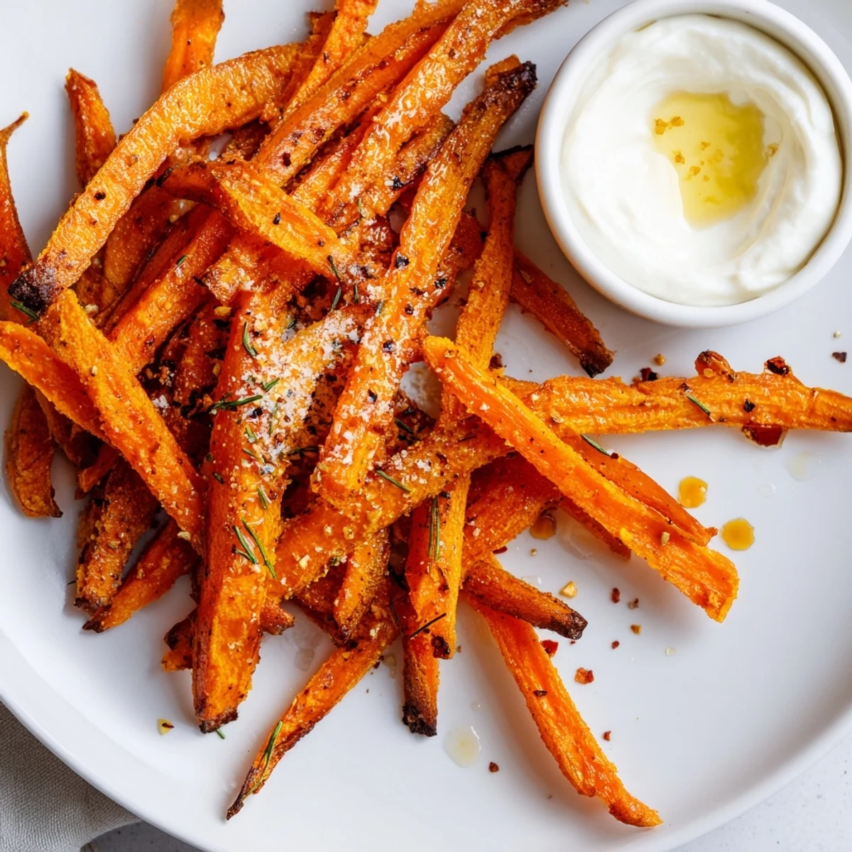 Crispy Carrot Fries With Feta Dip Spicy Honey Drizzle on platter, tangy feta dip
