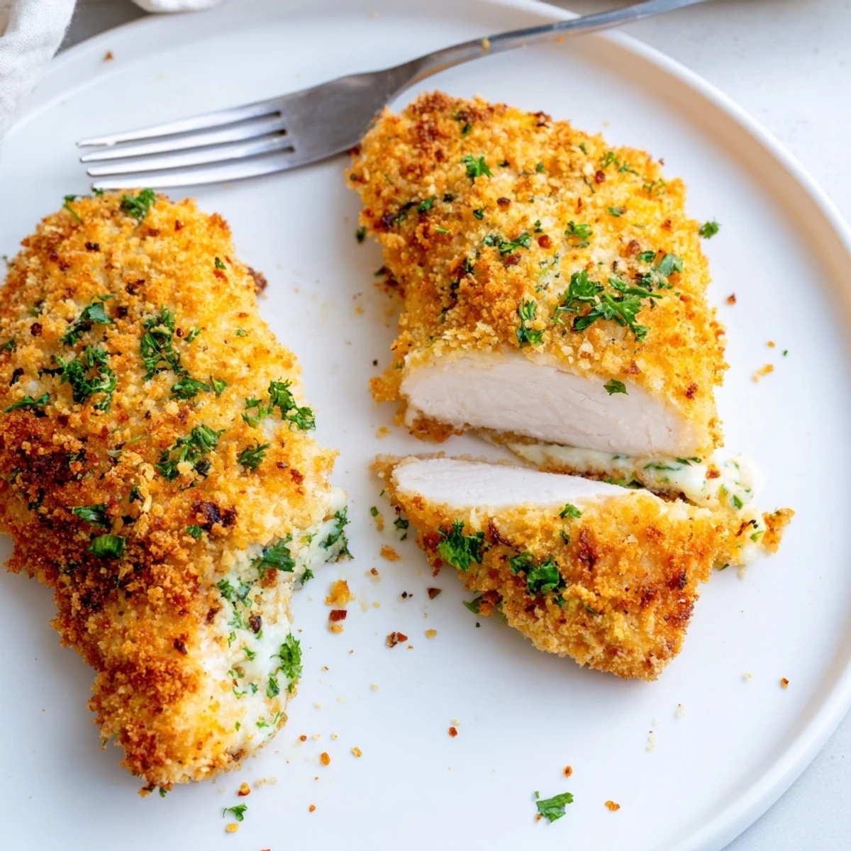 Garlic Parmesan Chicken Bake with golden breadcrumb crust, steaming and fragrant  