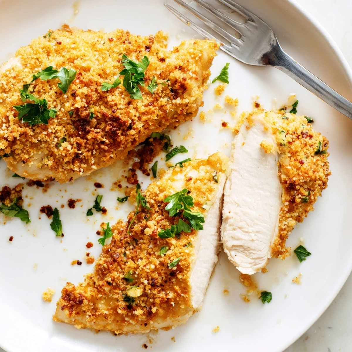 Oven baked Garlic Parmesan Chicken Bake resting on baking dish, parsley garnish  