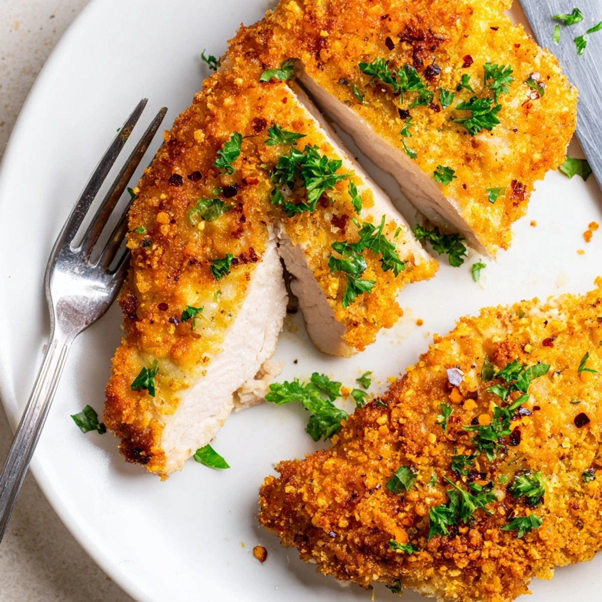 Family style Garlic Parmesan Chicken Bake sliced, creamy garlic topping and crisp edges