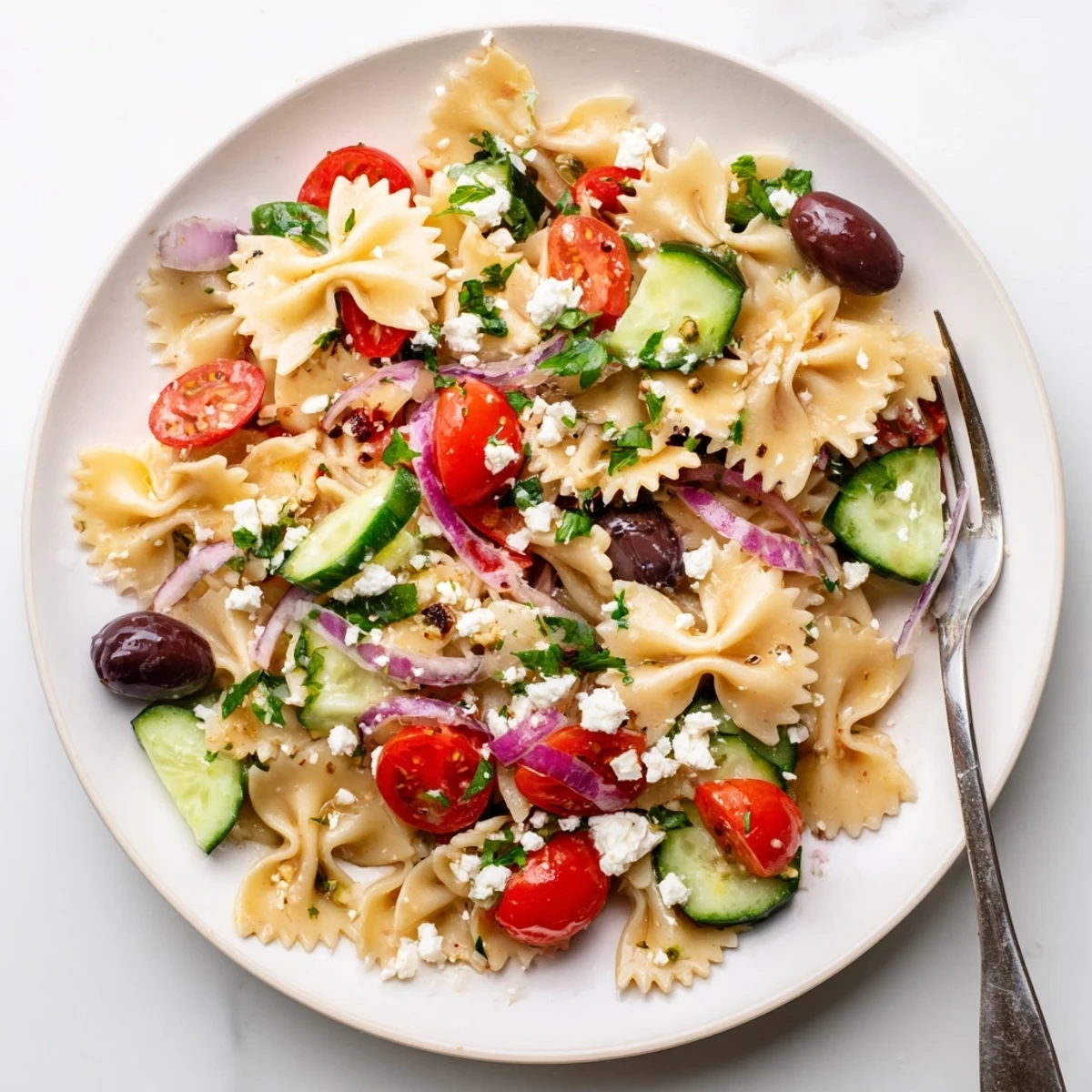 Colorful bow tie pasta salad with crisp vegetables and zesty Italian dressing
