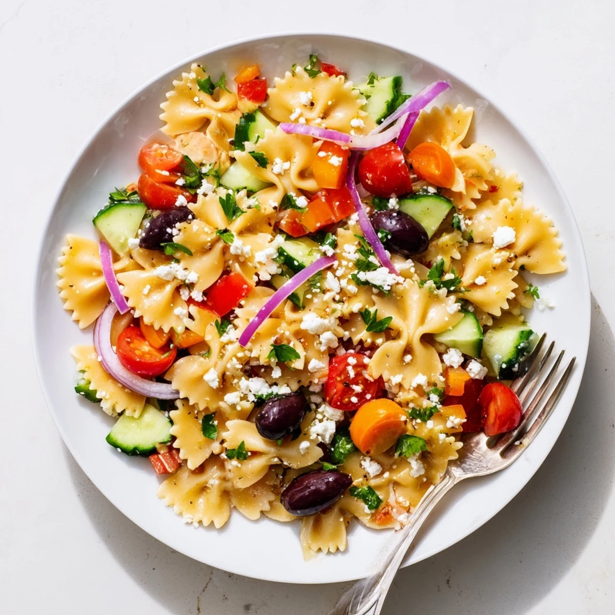 Refreshing bow tie pasta salad featuring cherry tomatoes cucumber and tangy feta