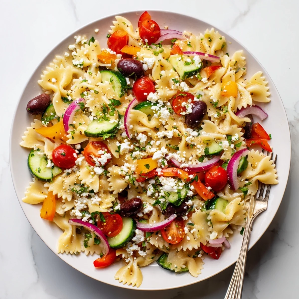 Cold bow tie pasta salad tossed with bell peppers olives and fresh parsley