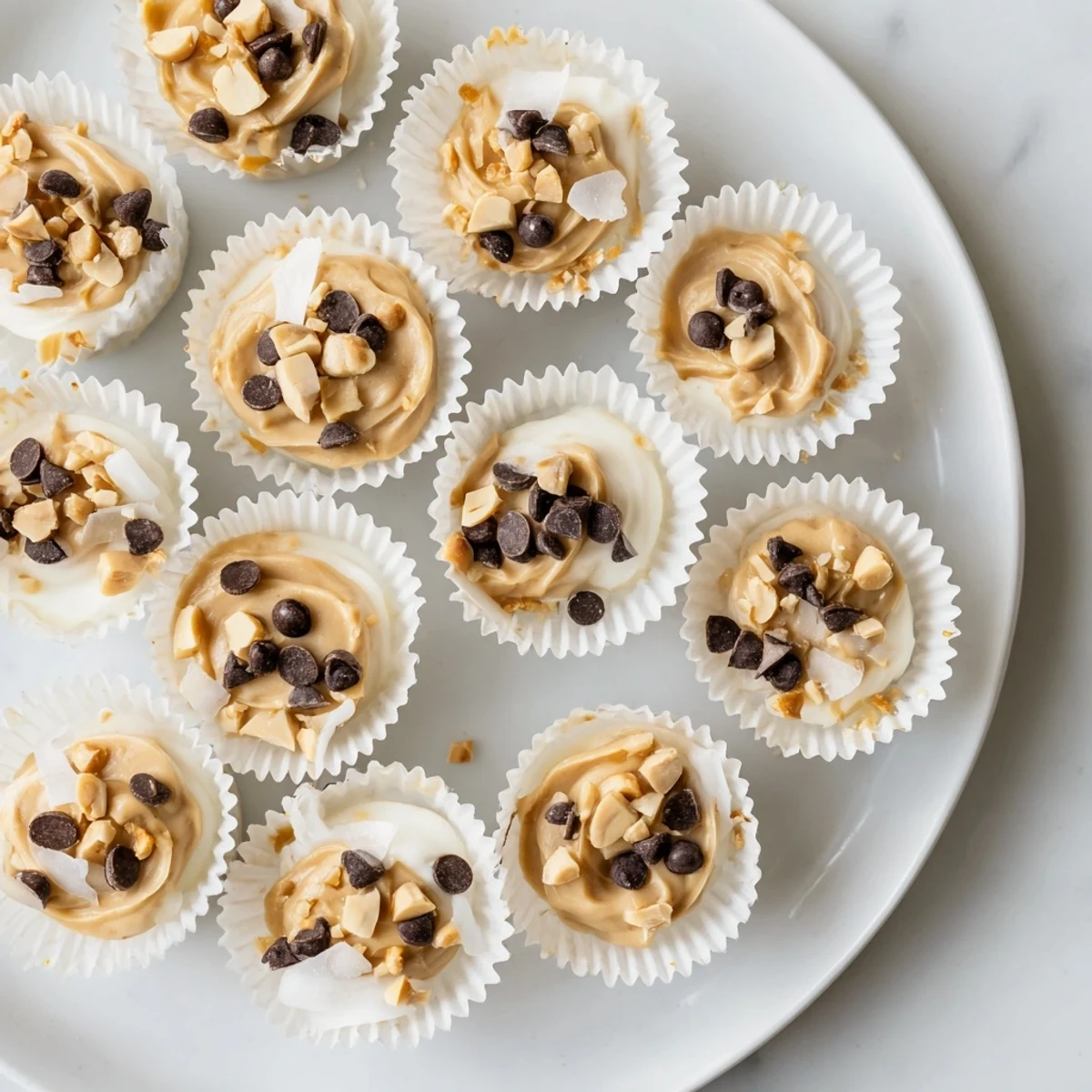 High protein peanut butter Greek yogurt bites arranged on a white plate with golden honey drizzle and vanilla bean specks visible