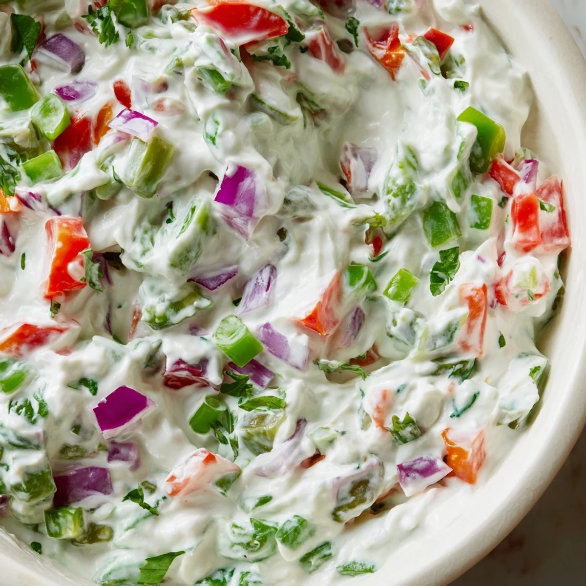 Creamy Grillos Pickle De Gallo Ranch Dip served in a white bowl with colorful vegetable chunks visible throughout