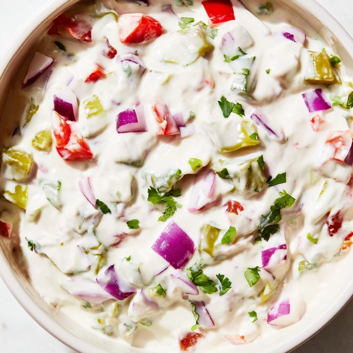 White bowl filled with tangy Grillos Pickle De Gallo Ranch Dip garnished with fresh green onions and tortilla chips
