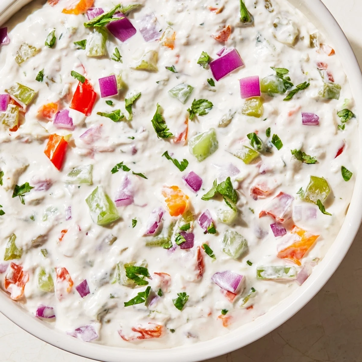 Rich and zesty Grillos Pickle De Gallo Ranch Dip topped with vibrant diced vegetables alongside crunchy dipping snacks