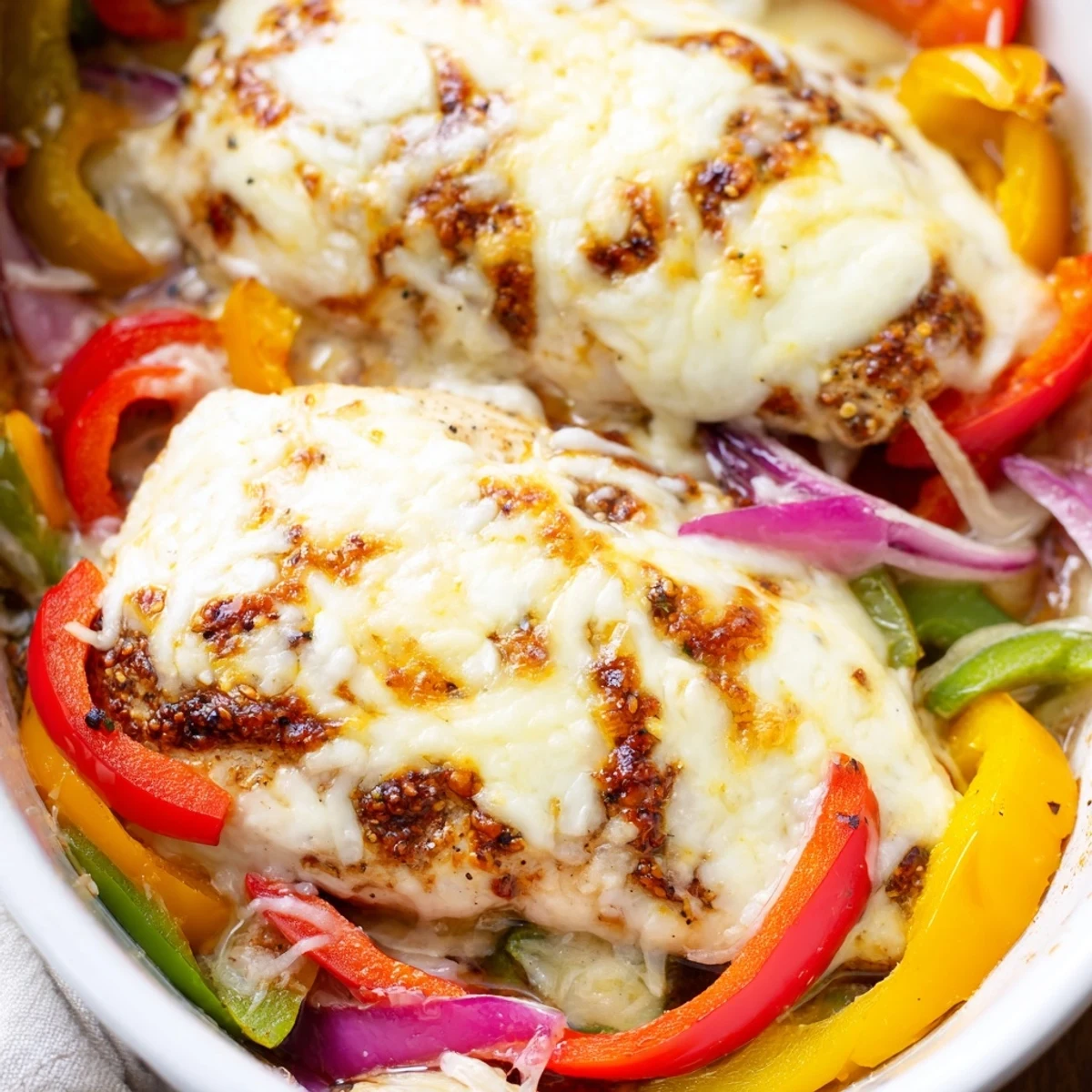 Golden melted cheese bubbling over cheesy baked chicken breast and colorful sliced bell peppers in a baking dish