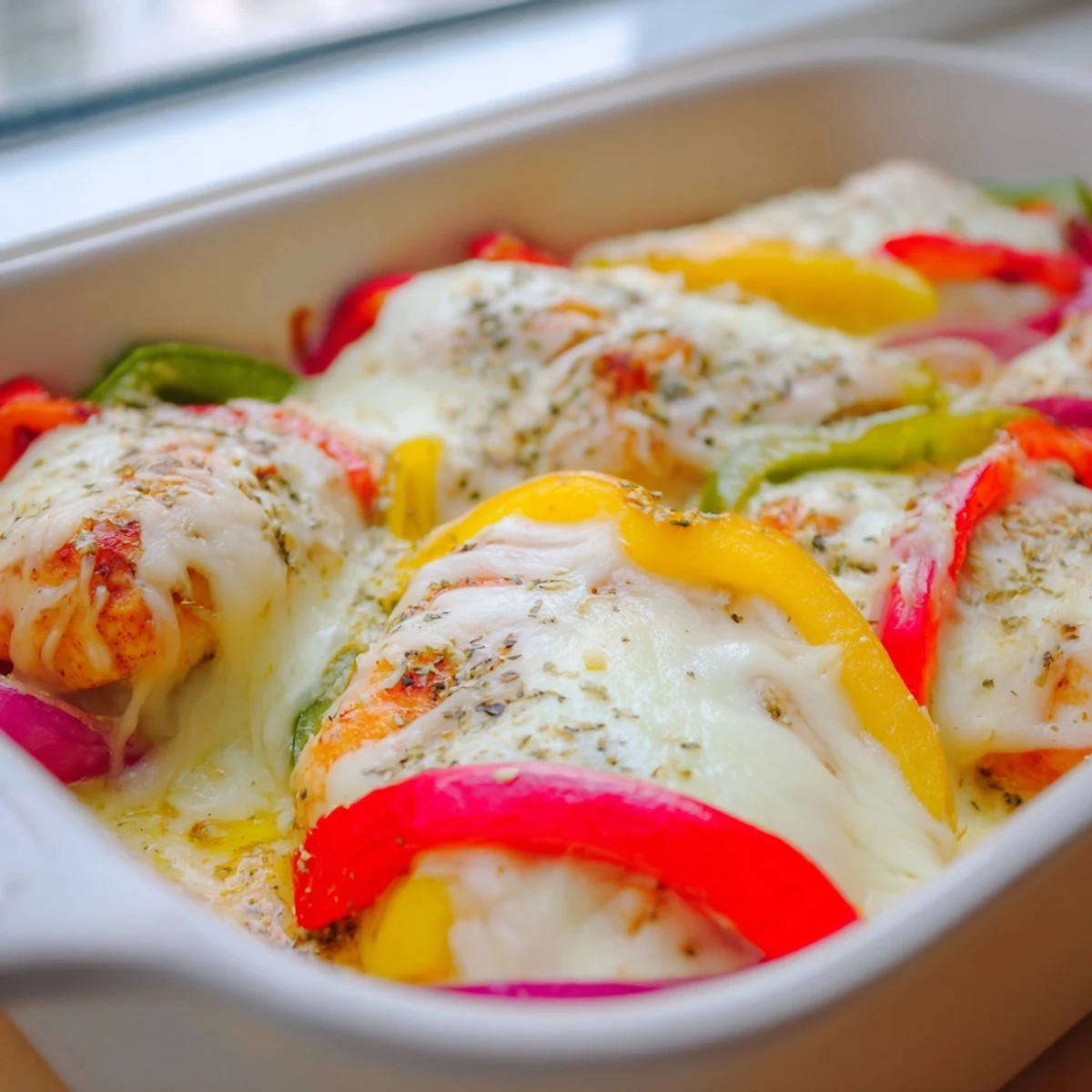 Tender juicy chicken breasts roasted with vibrant red yellow peppers under a blanket of melted mozzarella and Parmesan
