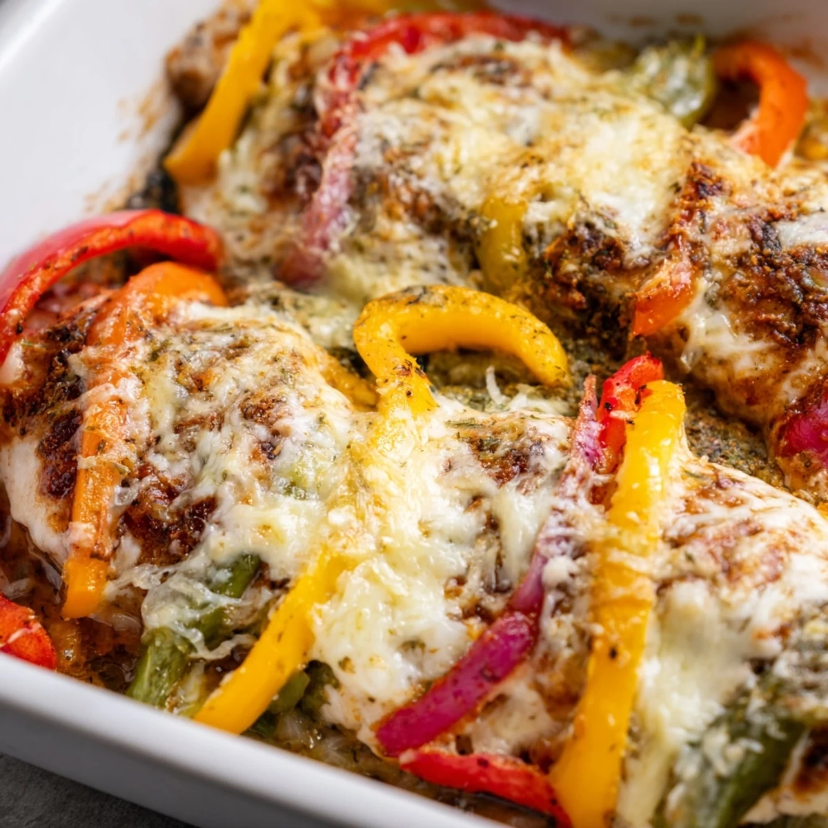 Oven-baked cheesy chicken breast and peppers topped with golden brown melted cheese for a comforting gluten-free dinner