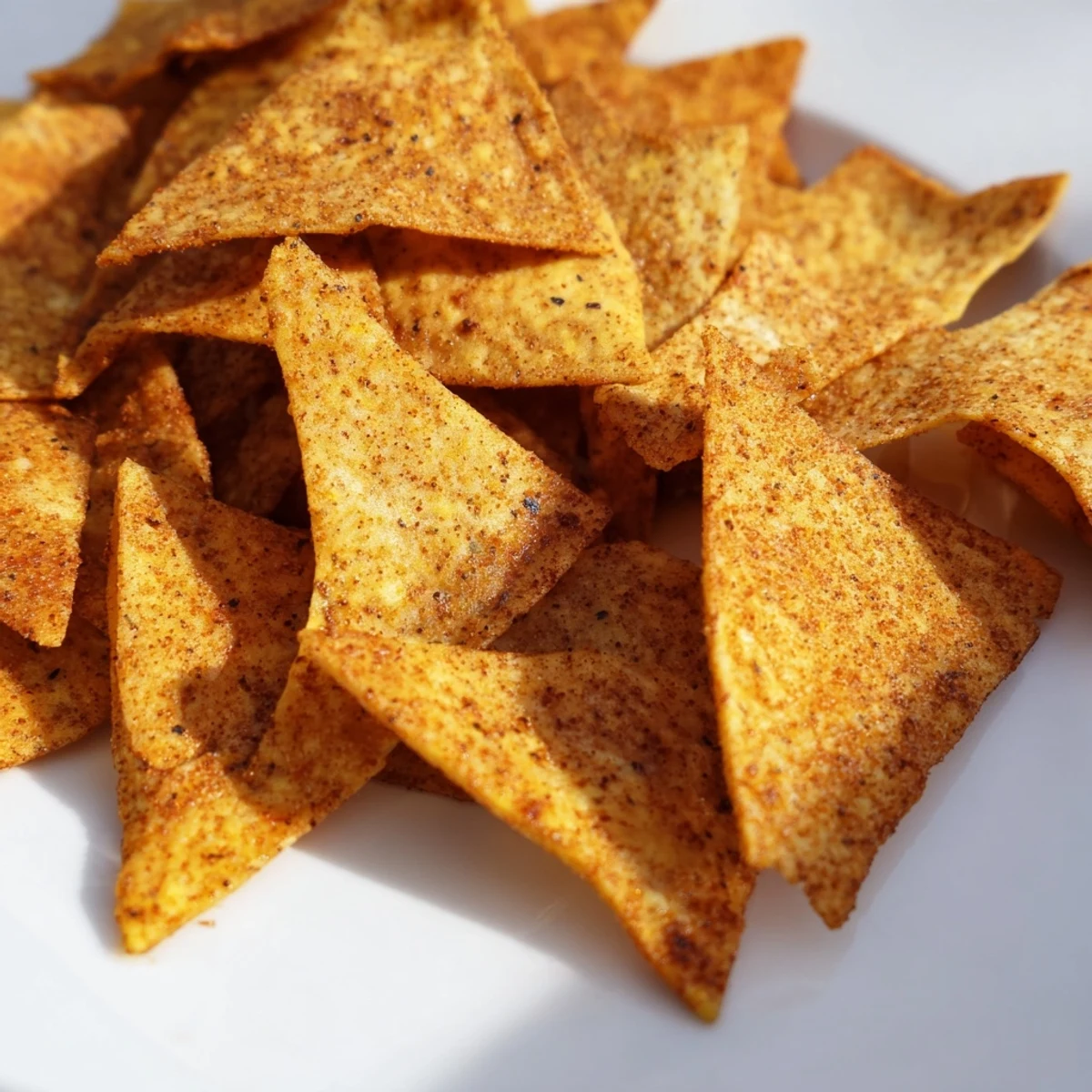 Oven-baked chickpea chips sprinkled with spices on a white serving plate