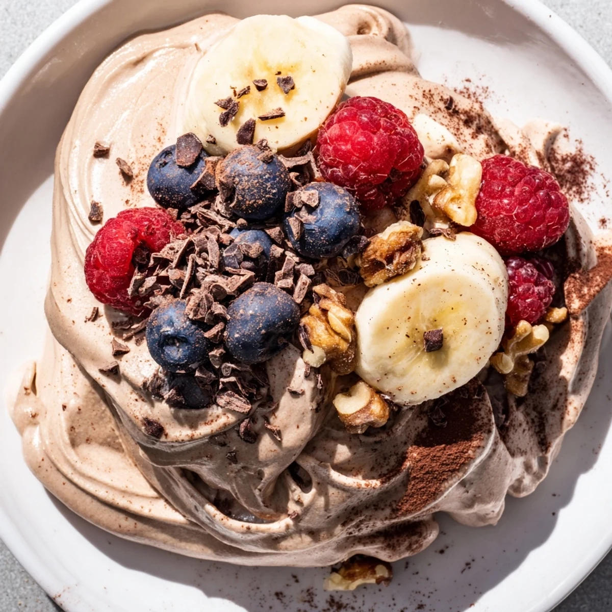 Vibrant healthy nice cream recipe scooped into a glass bowl featuring colorful mixed fruit and coconut flakes garnish