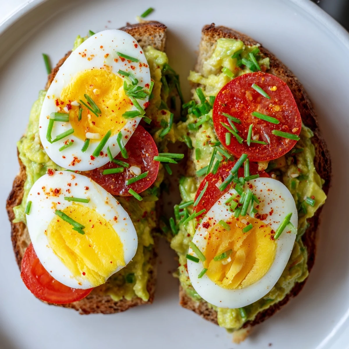 Open-faced avocado toast topped with fresh tomato wedges and protein-rich hard-boiled egg slices