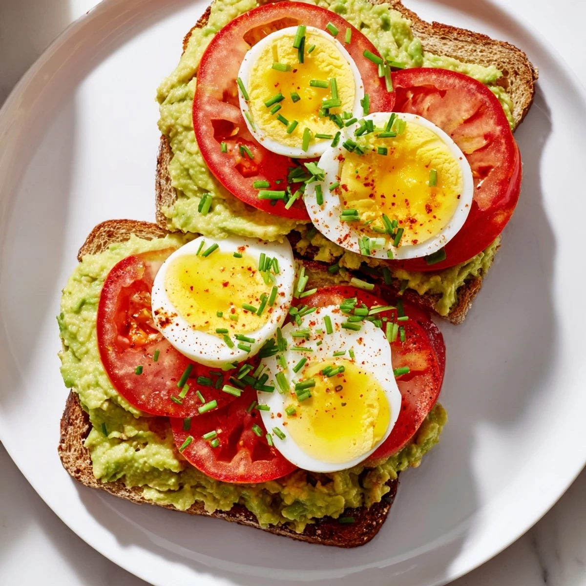 Golden toast layered with mashed avocado, sliced tomato, and hard-boiled egg for a hearty breakfast