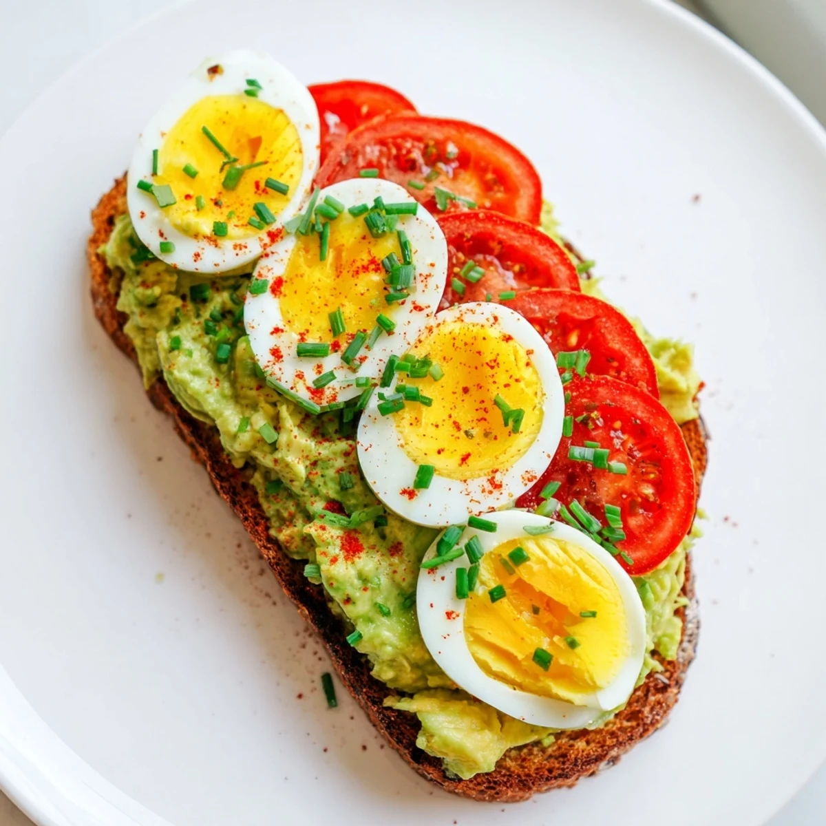 Creamy avocado spread on crispy bread with juicy tomato and sliced hard-boiled egg garnish
