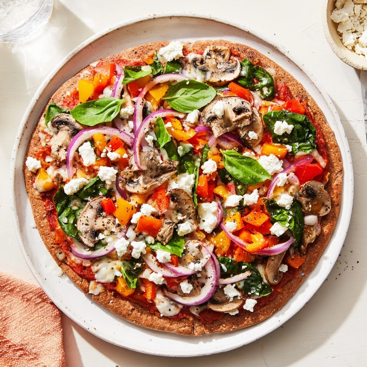 Whole wheat low cholesterol pita pizza baked with bell peppers tomatoes spinach and light mozzarella