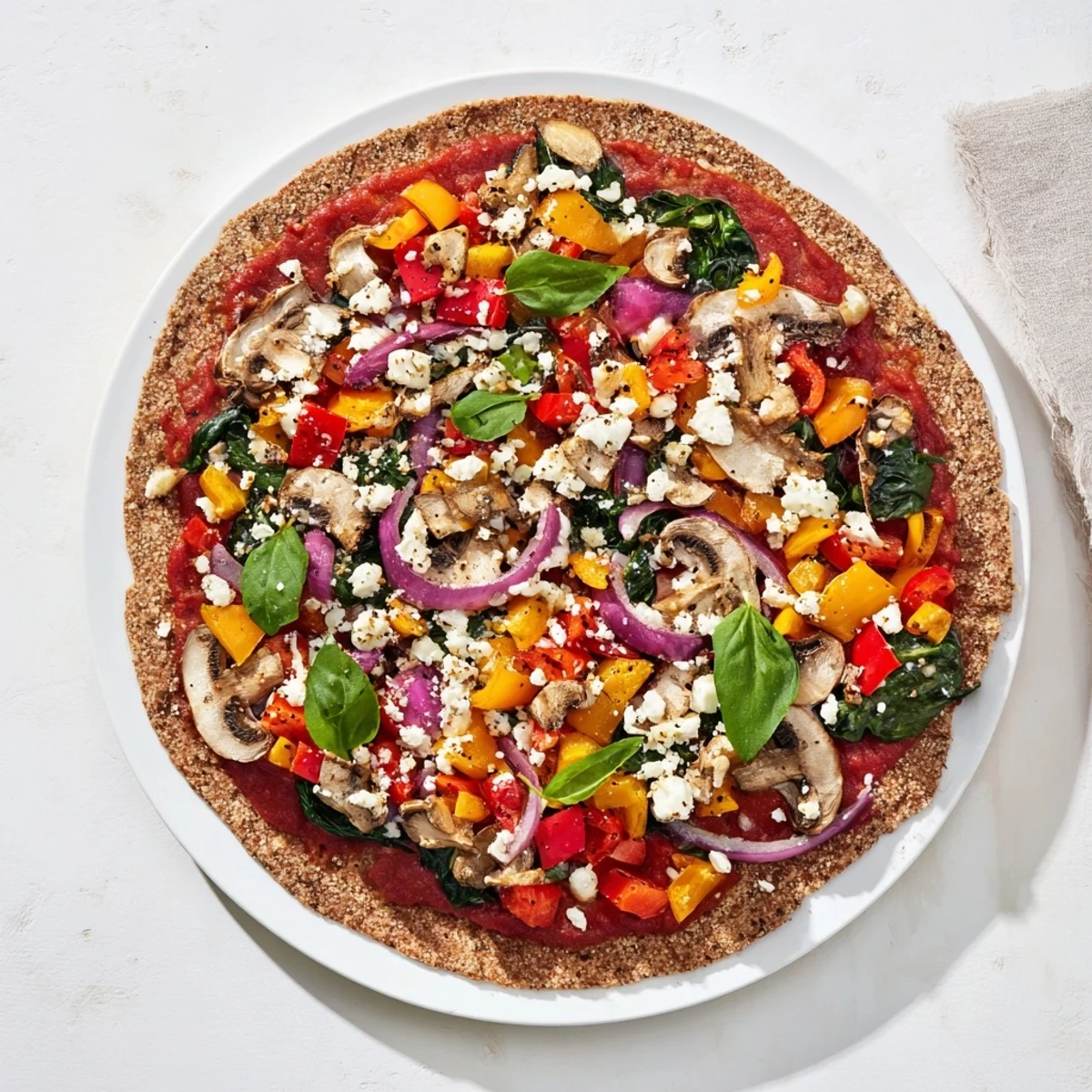 Golden low cholesterol pita pizza topped with colorful vegetables and melted cheese on whole wheat crust