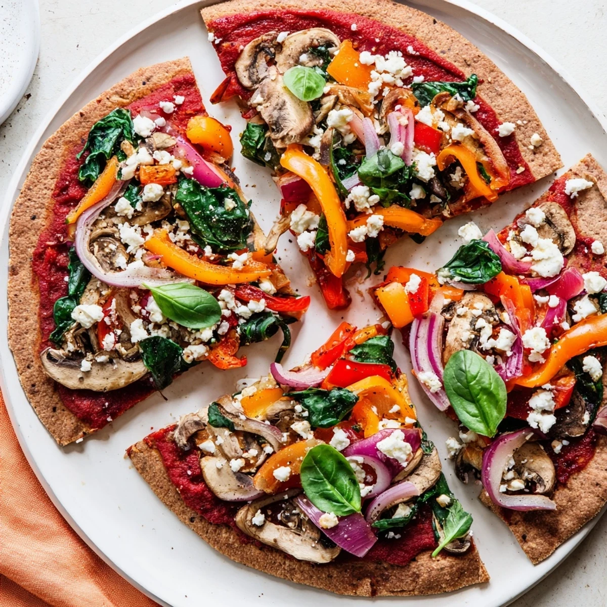 Mediterranean style low cholesterol pita pizza with fresh vegetable toppings and part skim cheese on crisp pita bread