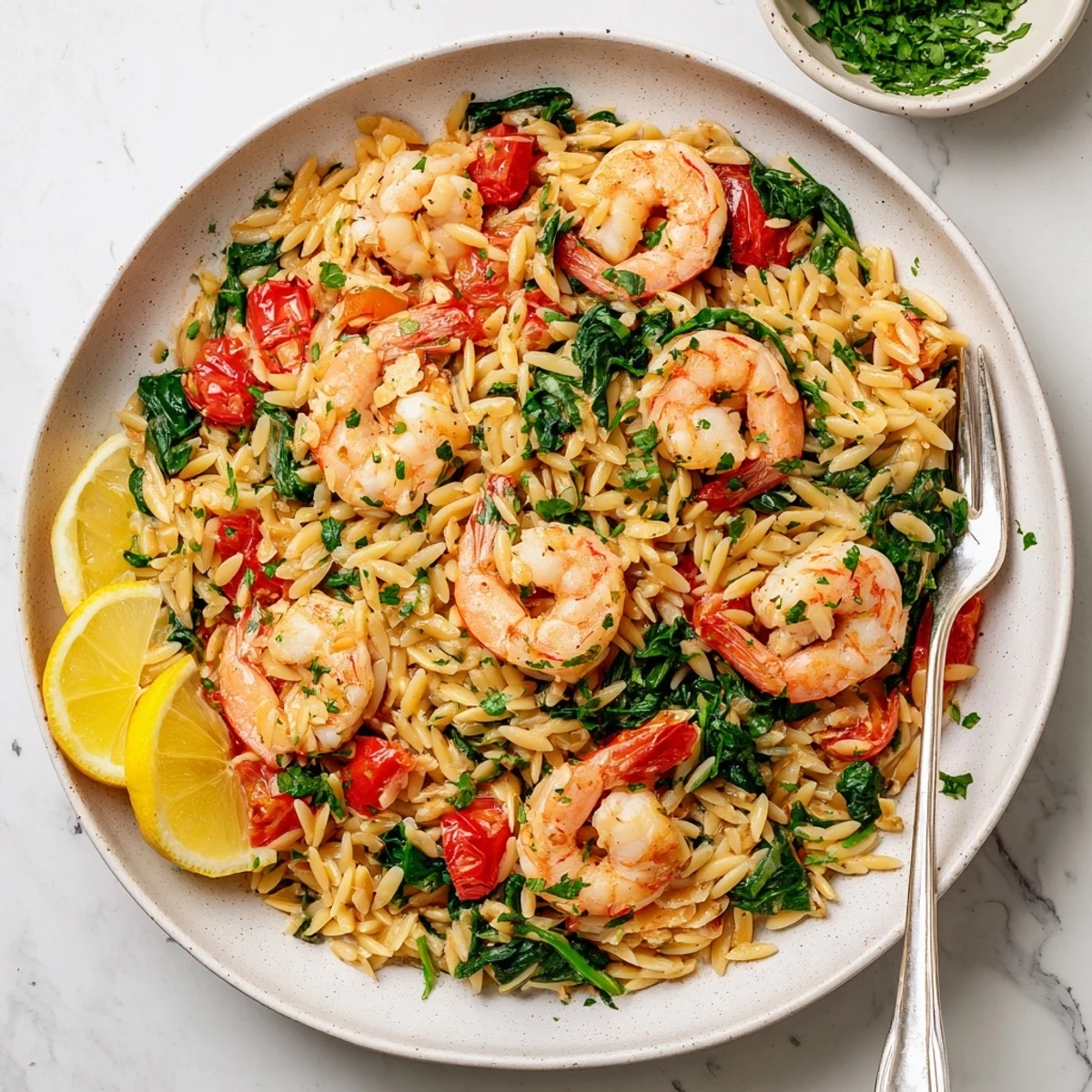 Golden lemon shrimp and orzo skillet simmered with spinach and cherry tomatoes in one pan