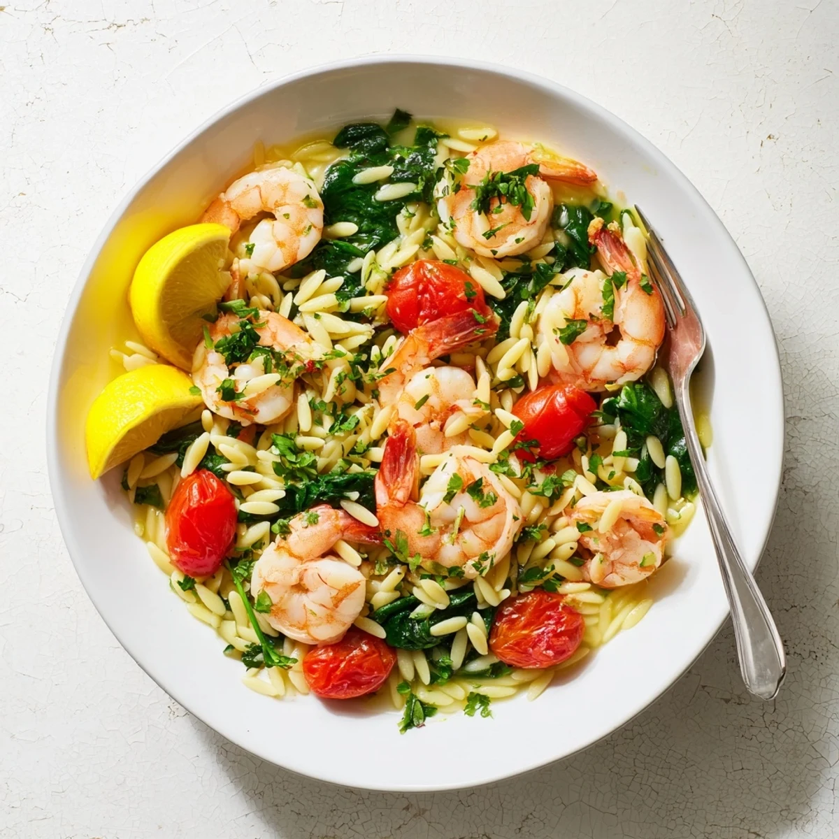 Tender pink shrimp nestled in lemon orzo pasta with fresh herbs in a cast iron skillet
