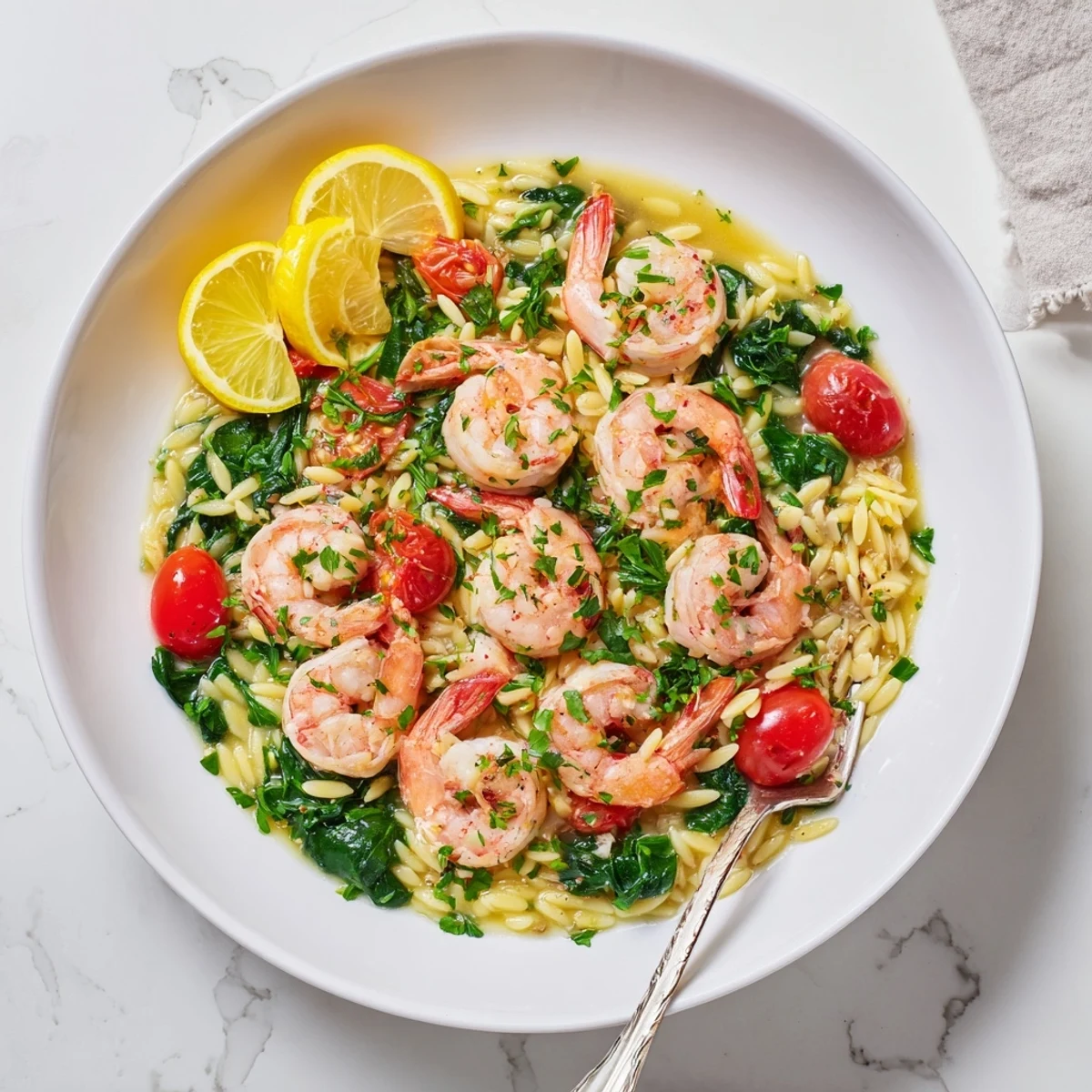 Vibrant Mediterranean lemon shrimp and orzo dish garnished with parsley and lemon wedges on white plate