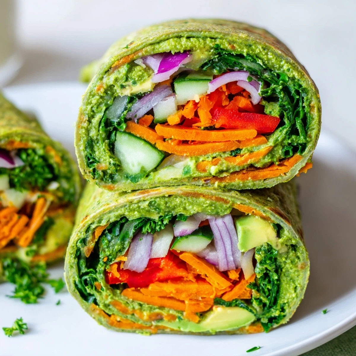 Whole wheat tortillas rolled with green spinach hummus and colorful fresh vegetable medley