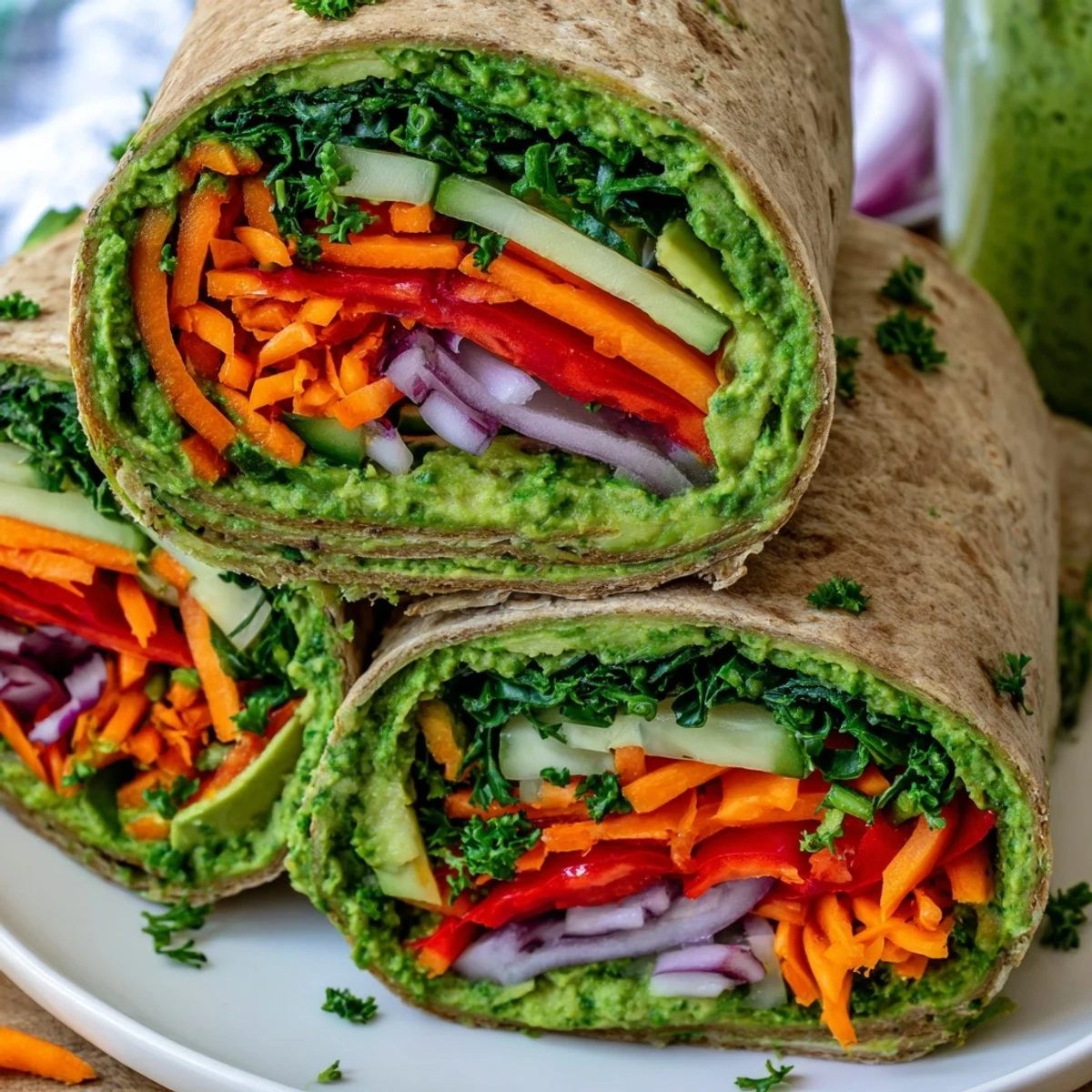 Close up of Mediterranean spinach hummus lunch wraps with sliced avocado and crisp vegetables