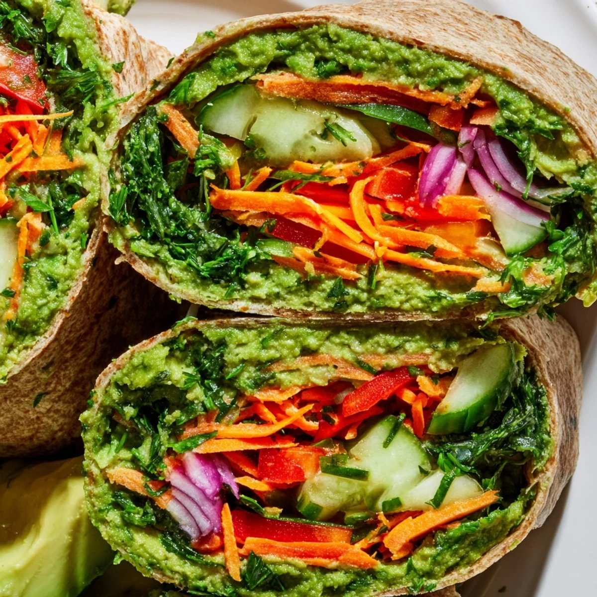 Handheld spinach hummus lunch wraps featuring sliced peppers carrots and fresh herbs