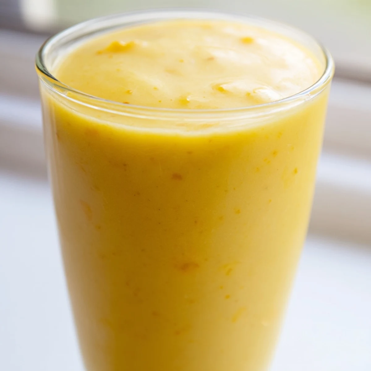 Golden tropical pineapple mango smoothie recipe poured into a tall glass with fresh fruit garnish