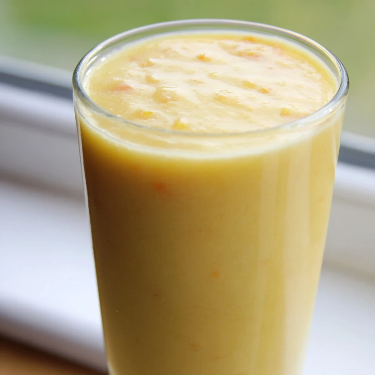 Refreshing pineapple mango smoothie recipe served with ice cubes and pineapple wedge on white background