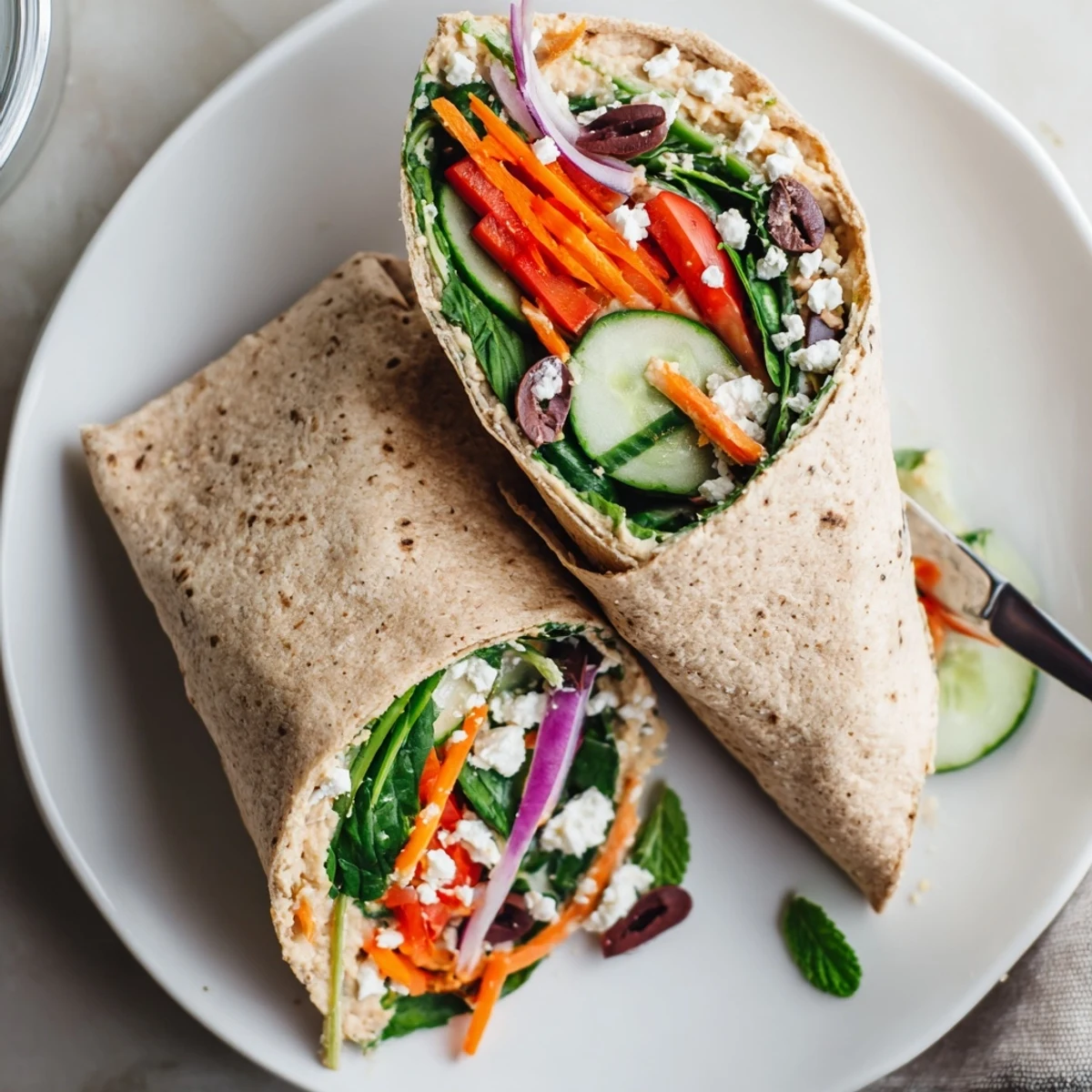 Golden whole wheat wrap rolled with creamy hummus and colorful crisp vegetables