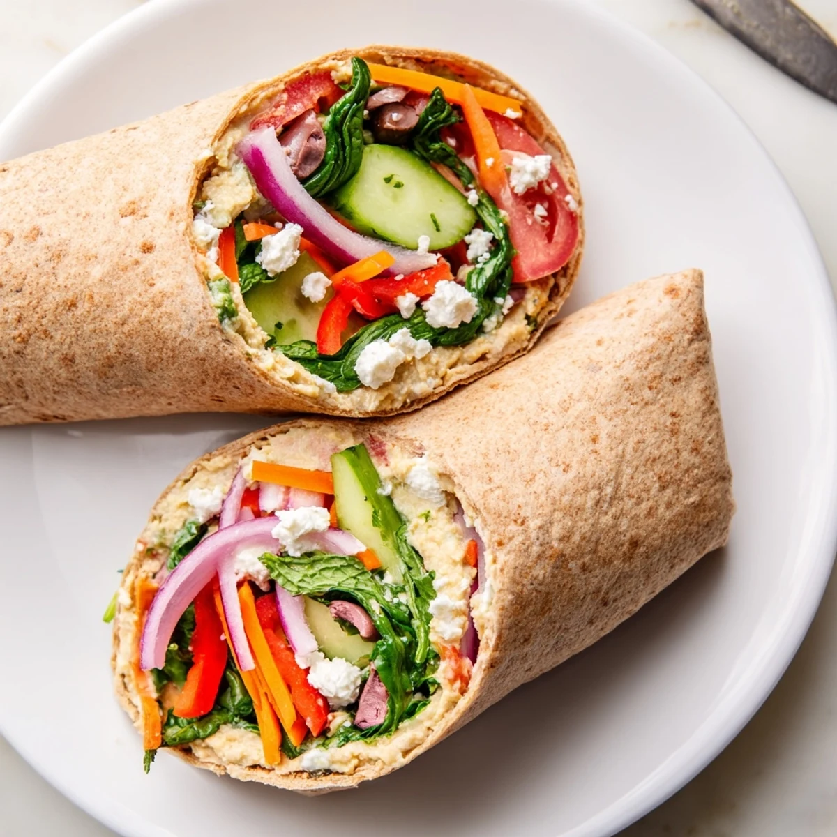 Mediterranean-style Heavenly Hummus Wrap layered with fresh spinach, cucumber, and bell pepper strips