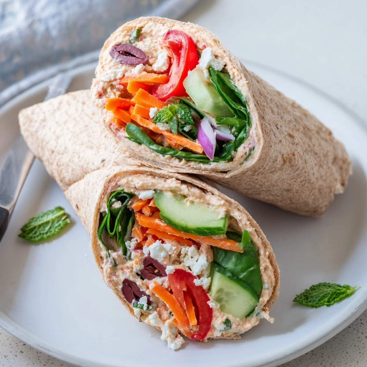 Sliced vegetarian wrap revealing creamy hummus, shredded carrots, and vibrant garden vegetables