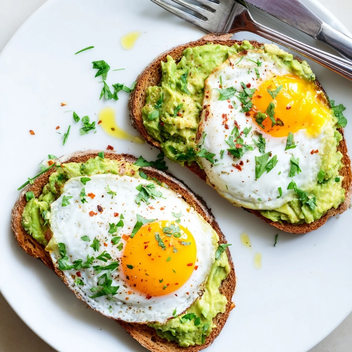 Golden brown toast layered with creamy mashed avocado topped with a perfectly fried egg