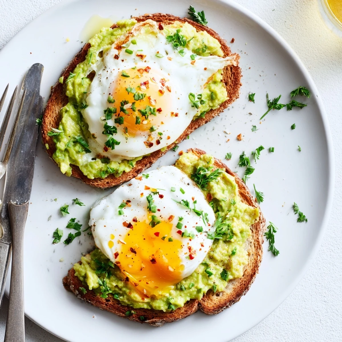 Simple avocado toast with egg featuring runny yolk over seasoned green avocado spread