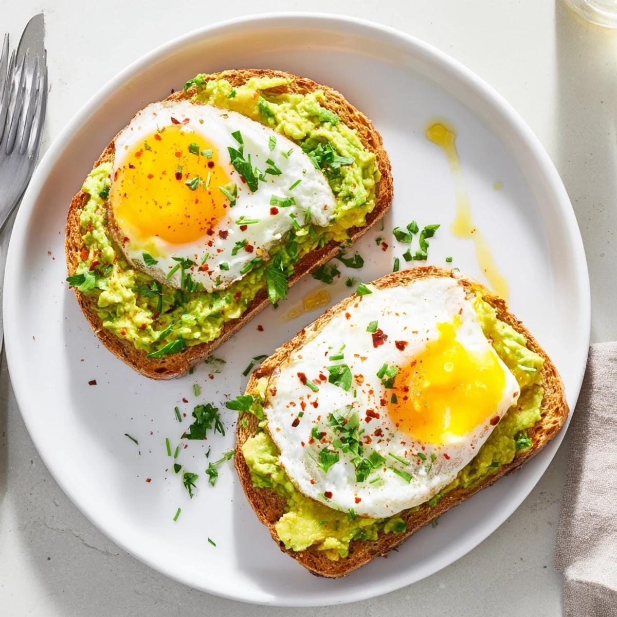 Breakfast plate showing two slices of loaded avocado toast crowned with sunny side up eggs