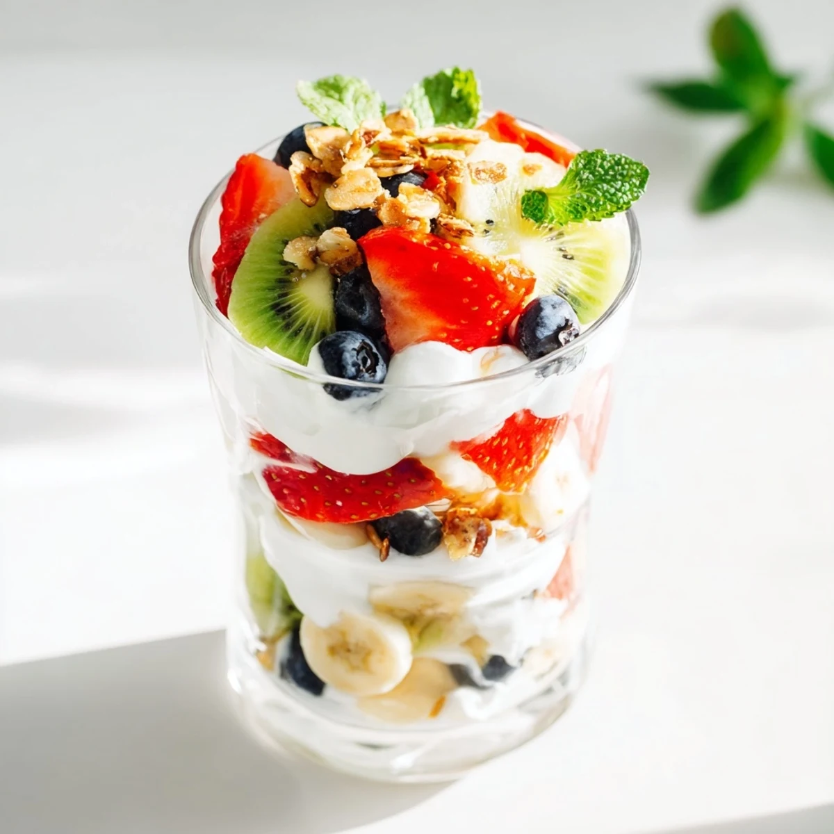 Layered yogurt parfait recipe with honey drizzle and fresh strawberries, blueberries, and kiwi in clear glass