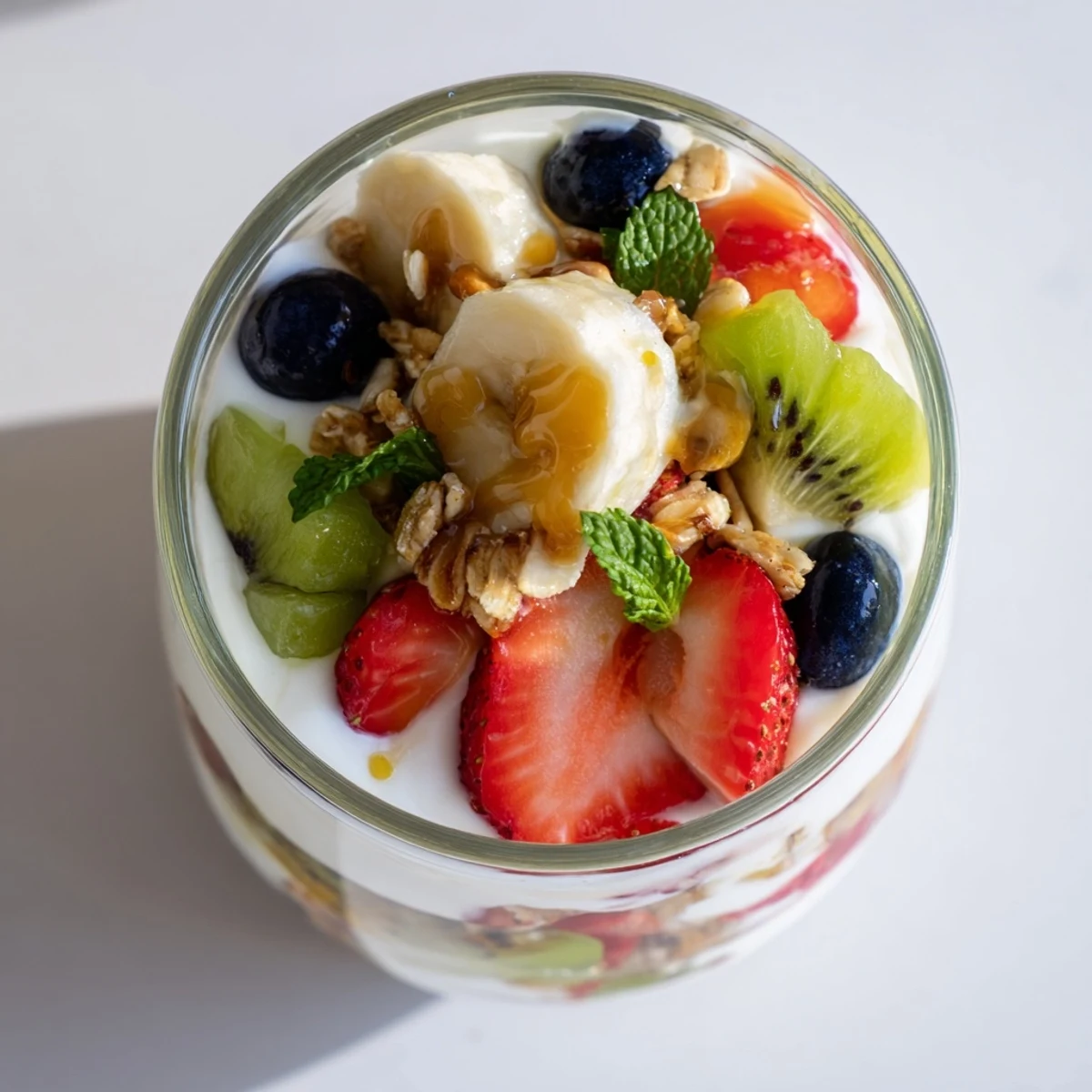 Glass bowl displaying colorful yogurt parfait recipe topped with honey, sliced banana, and crunchy granola garnish