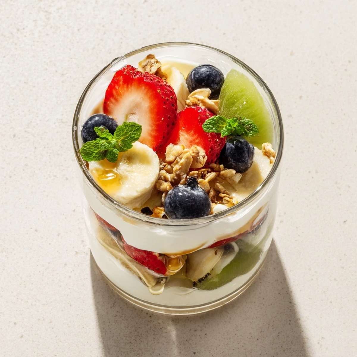Breakfast yogurt parfait recipe featuring creamy Greek yogurt layered with vibrant mixed fruits and golden honey swirl