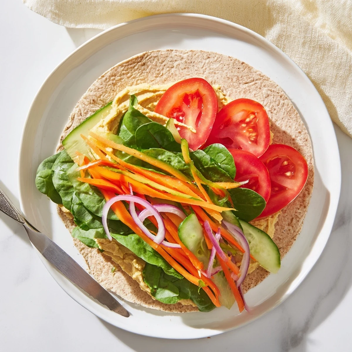 Mediterranean-style hummus veggie wrap sliced diagonally revealing layers of spinach peppers and carrots
