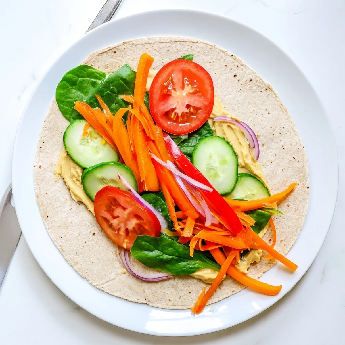 Healthy lunchbox-ready wrap with smooth hummus spread and vibrant crunchy vegetable fillings inside