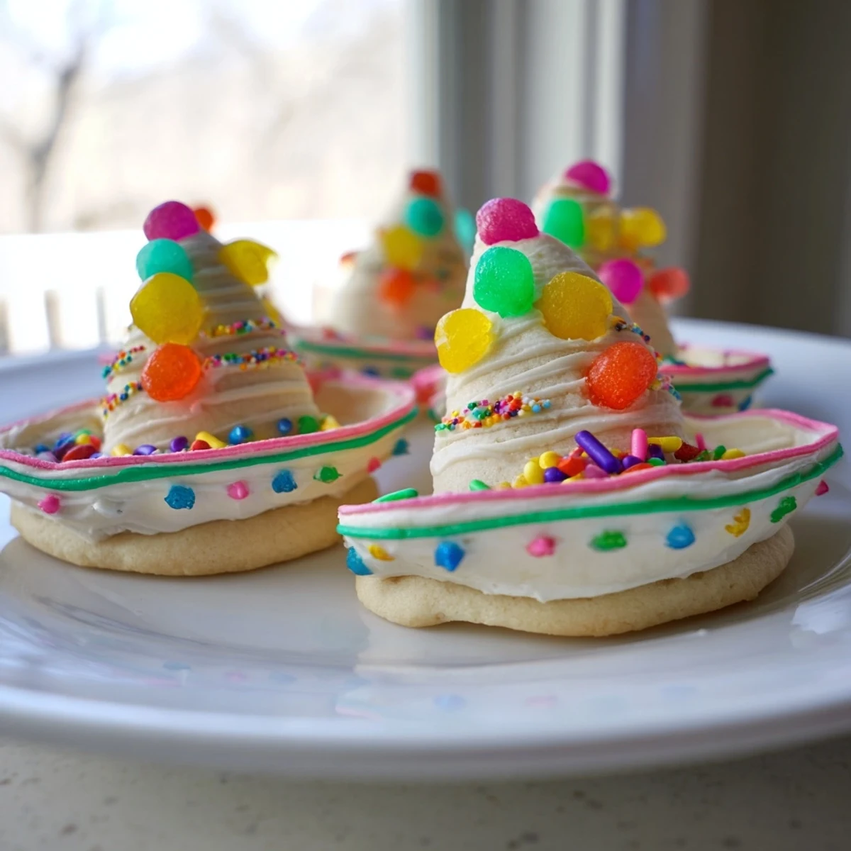 Colorful Cinco de Mayo sombrero cookies topped with bright gumdrops and rainbow sprinkles on a white plate