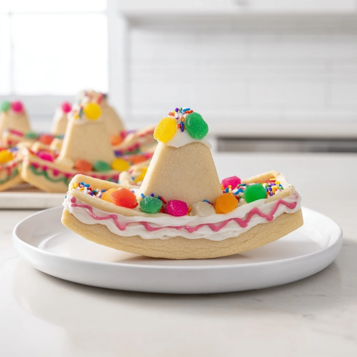 Festive Mexican sombrero-shaped sugar cookies decorated with vibrant icing and candies for a holiday celebration
