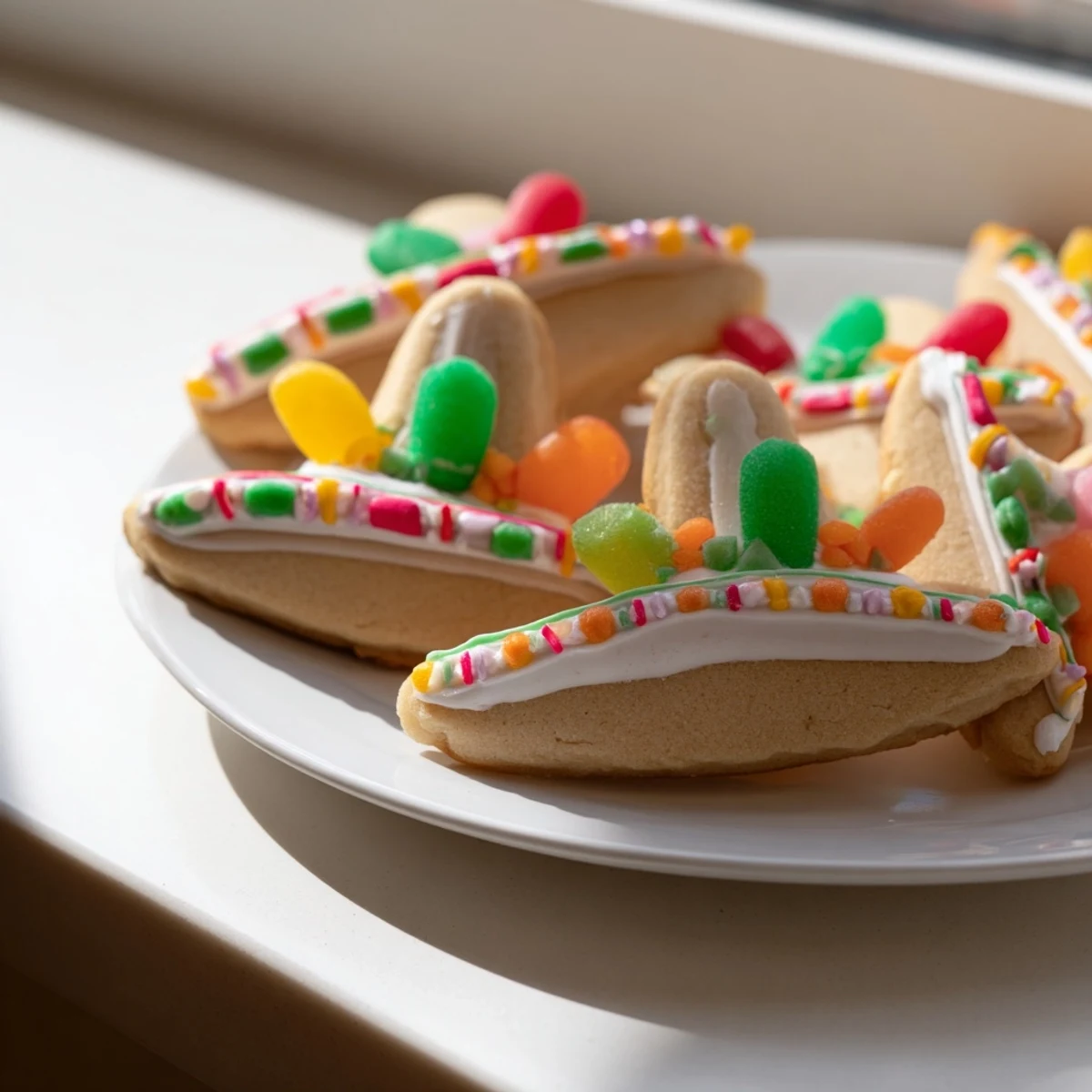 Heap of Cinco de Mayo sombrero cookies arranged on serving platter with colorful frosting and decorative toppings