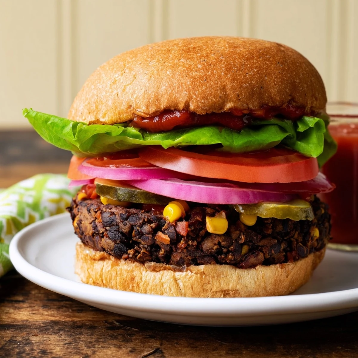 Golden brown veggie burger recipe on toasted bun with fresh lettuce tomato and pickles