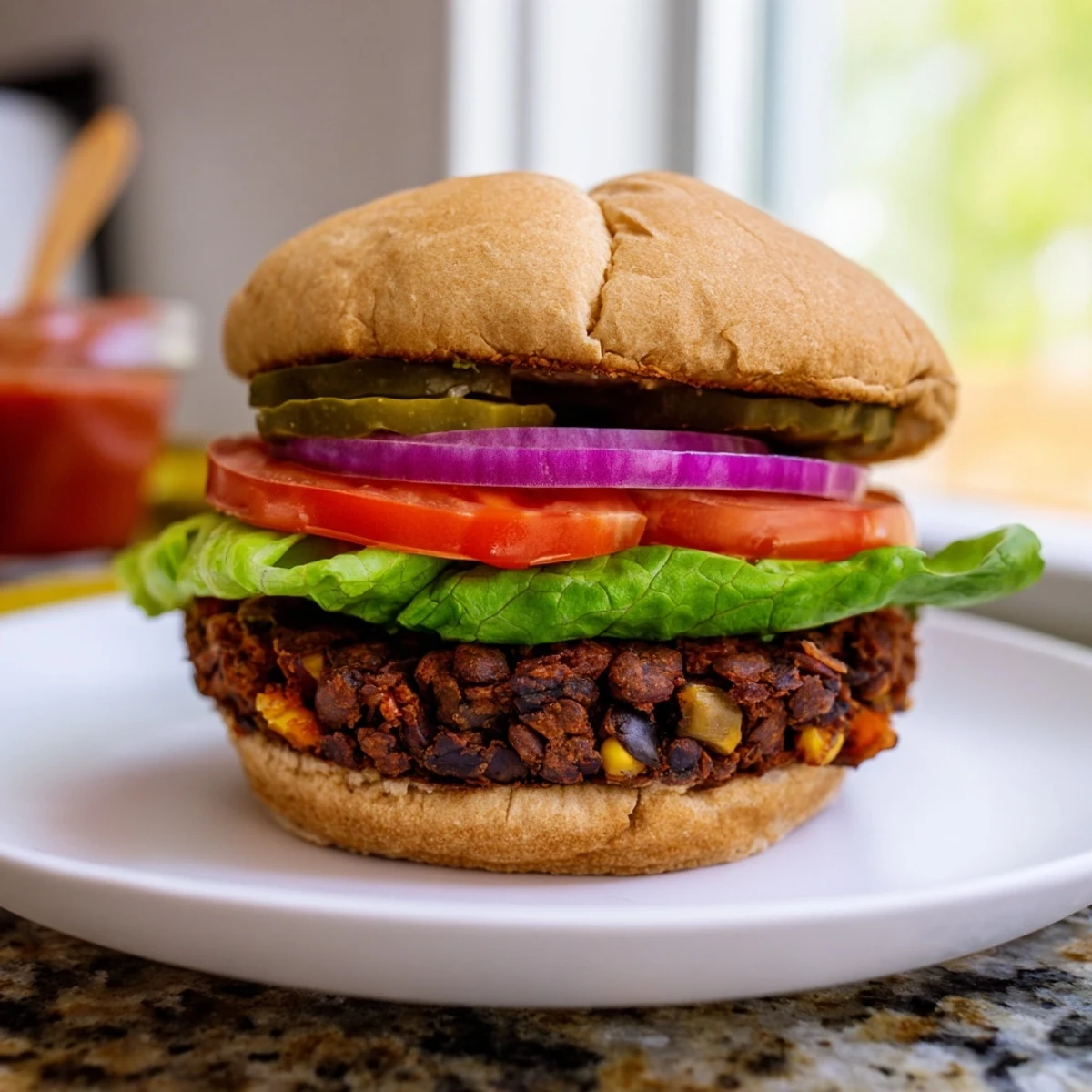 Plant-based veggie burger recipe stacked with colorful toppings on a wooden cutting board