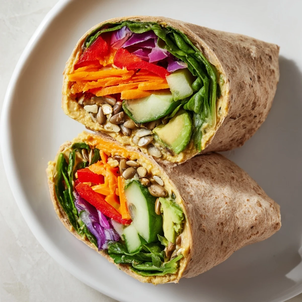 Veggie wrap with hummus recipe featuring colorful sliced vegetables rolled in whole wheat tortilla