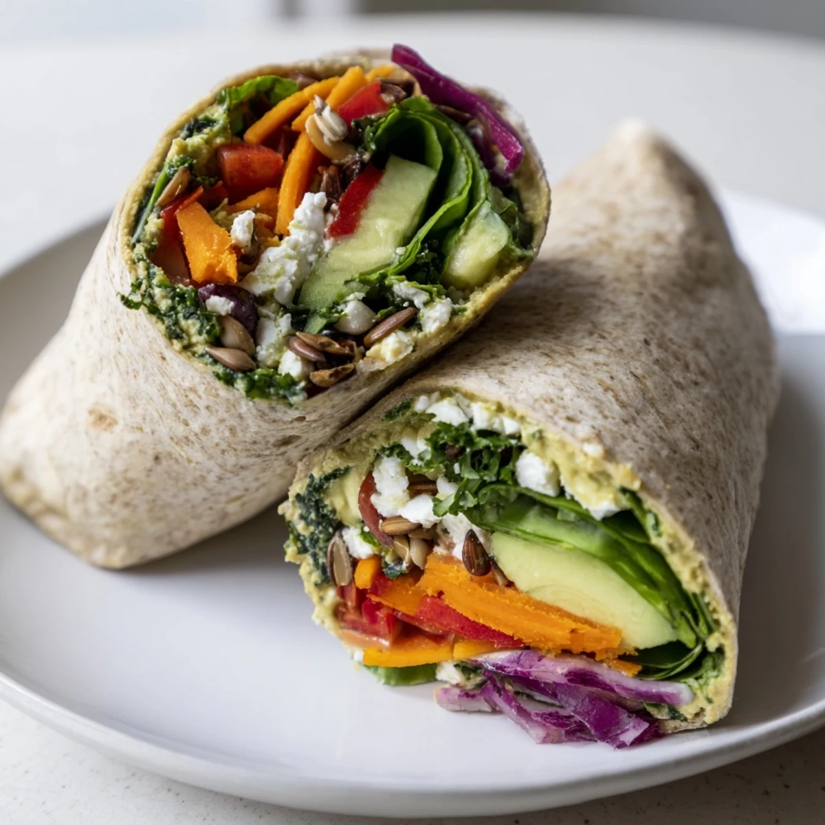 Mediterranean veggie wrap with hummus recipe cross-section showing fresh spinach peppers avocado and creamy spread