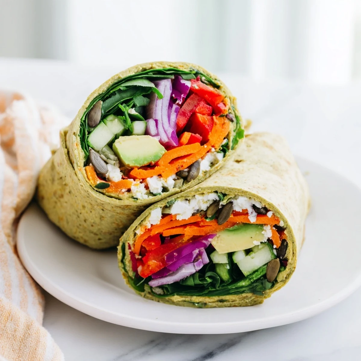 Hand-held veggie wrap with hummus recipe packed with crisp carrots cucumber and greens for healthy lunch