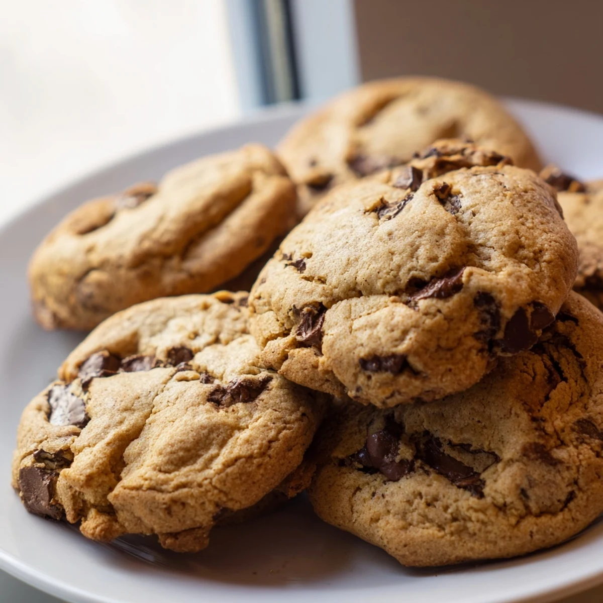 Golden brown chewy chocolate chip cookies stacked on a wooden board with visible chocolate chunks